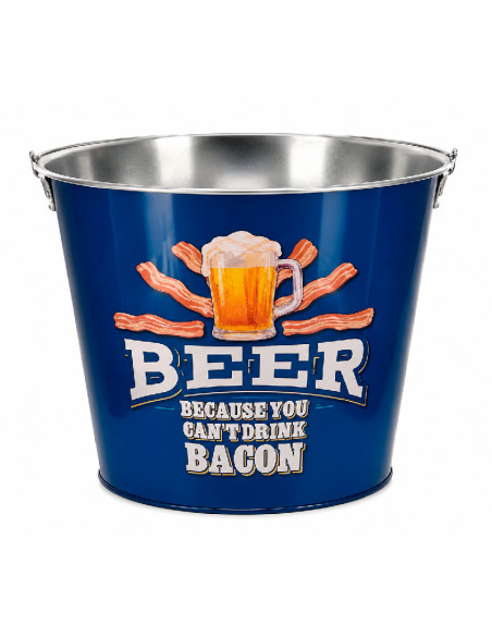 Cubo metálico para enfriar bebidas con diseño cervecero.