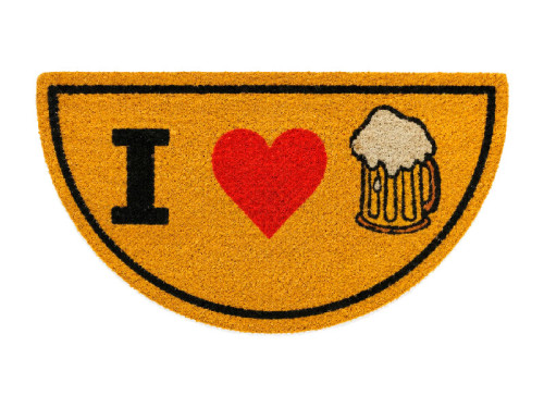 Felpudo de coco con diseño I Love Cerveza, corazón rojo y jarra de cerveza.