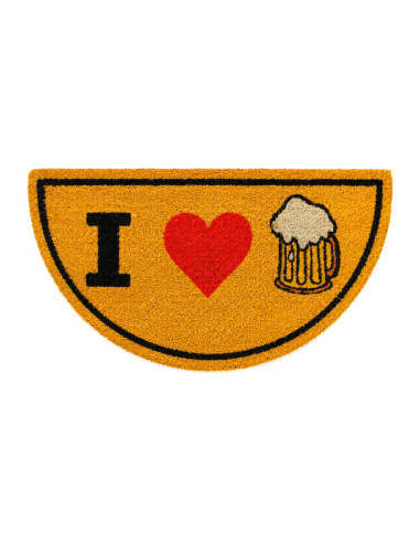 Felpudo de coco con diseño I Love Cerveza, corazón rojo y jarra de cerveza.