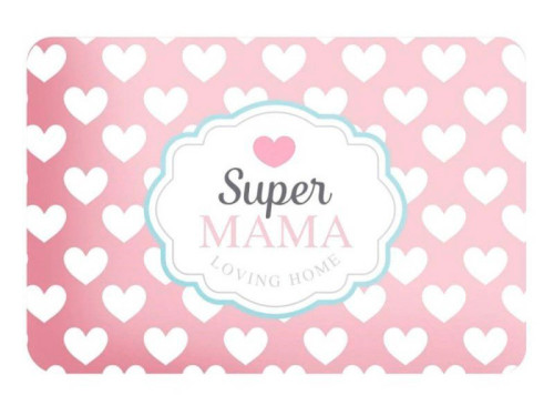 Salvamantel individual Super Mamá de PVC con corazones rosas y blancos.