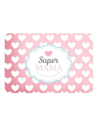 Salvamantel individual Super Mamá de PVC con corazones rosas y blancos.