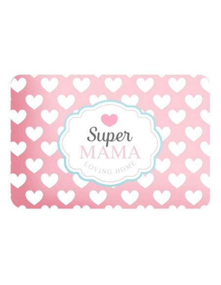 Salvamantel individual Super Mamá de PVC con corazones rosas y blancos.