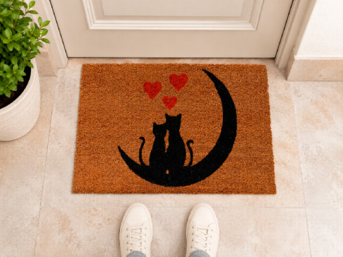 Felpudo de fibra de coco natural con dos gatos sentados sobre una luna y corazones rojos. 2