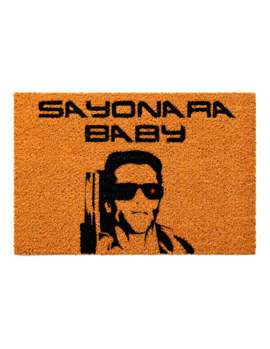 Felpudo de fibra de coco natural con el texto Sayonara Baby y el dibujo de la cara de Terminator con gafas de sol