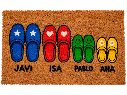 Felpudo personalizado de fibra de coco con zapatillas de casa de colores y nombres de la familia