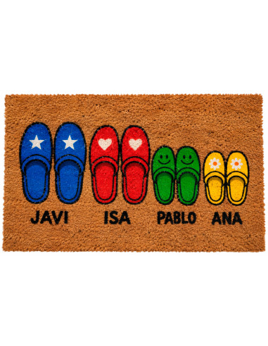 Felpudo personalizado de fibra de coco con zapatillas de casa de colores y nombres de la familia