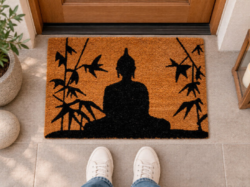 Felpudo de fibra de coco con silueta de Buda, ramas de bambú. 2