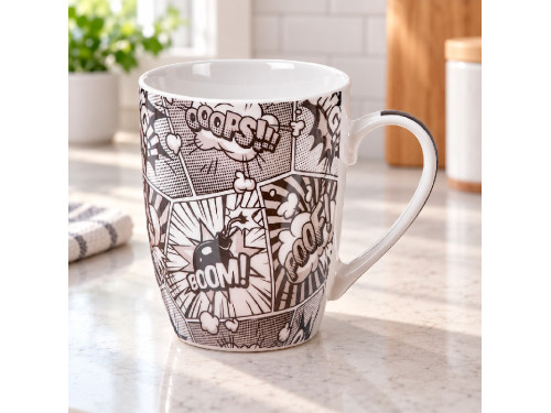 Taza de porcelana de 300 ml con estampado completo de ilustraciones estilo comic en blanco y negro 2