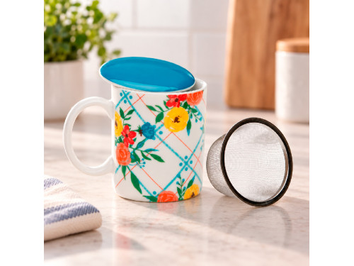 Taza tisanera de porcelana con tapa y filtro modelo Fiori con diseño floral 2