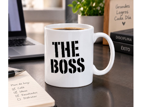 Taza blanca de cerámica con la frase The Boss en color negro y capacidad para 325 ml. 2