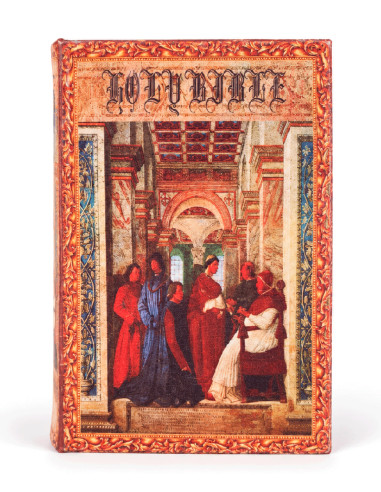 Libro caja fuerte decorativo con diseño de monjes y cierre con llave