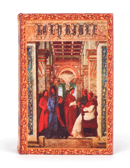 Libro caja fuerte decorativo con diseño de monjes y cierre con llave