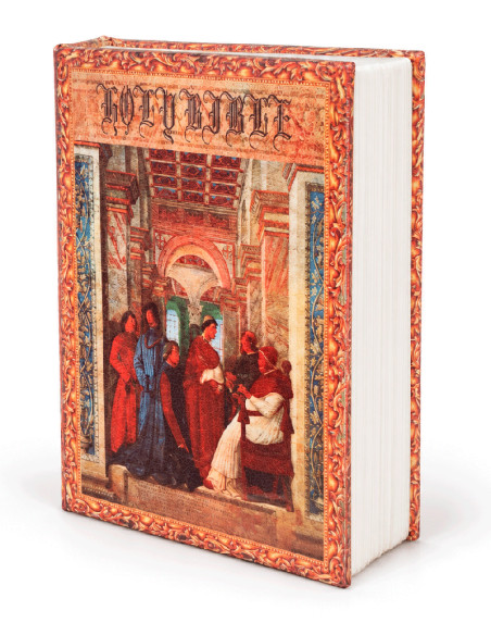 Libro caja fuerte decorativo de monjes visto en perspectiva