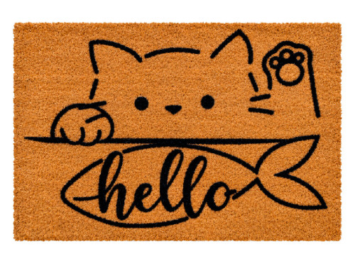 Felpudo de coco con gato asomándose sobre un pez y texto Hello.