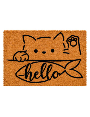 Felpudo de coco con gato asomándose sobre un pez y texto Hello.