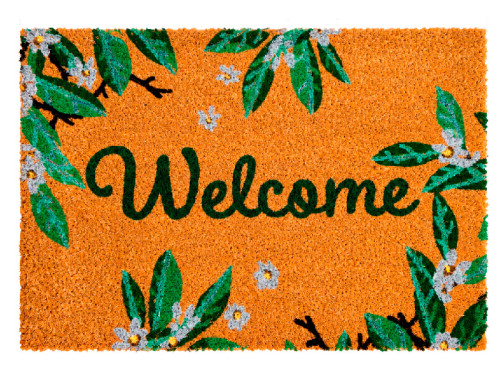 Felpudo Welcome Nature de coco con hojas verdes, flores y mariposas.