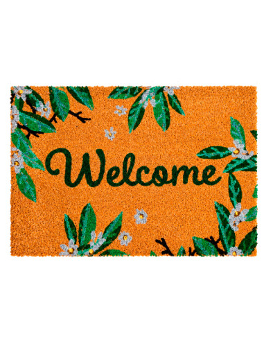 Felpudo Welcome Nature de coco con hojas verdes, flores y mariposas.