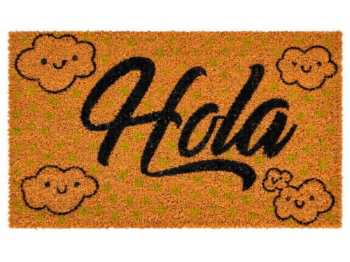 Felpudo de coco con texto Hola y diseño de nubes sonrientes.