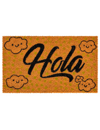 Felpudo de coco con texto Hola y diseño de nubes sonrientes.