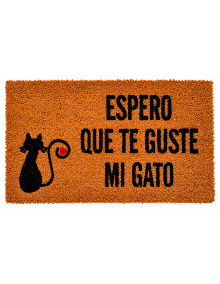 Felpudo de coco con la frase Espero que te guste mi gato y silueta de gato negro.