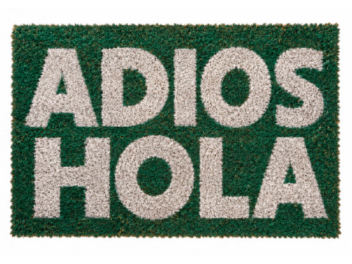 Felpudo de coco con diseño Adiós Hola en color verde.