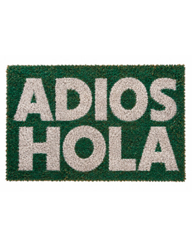 Felpudo de coco con diseño Adiós Hola en color verde.