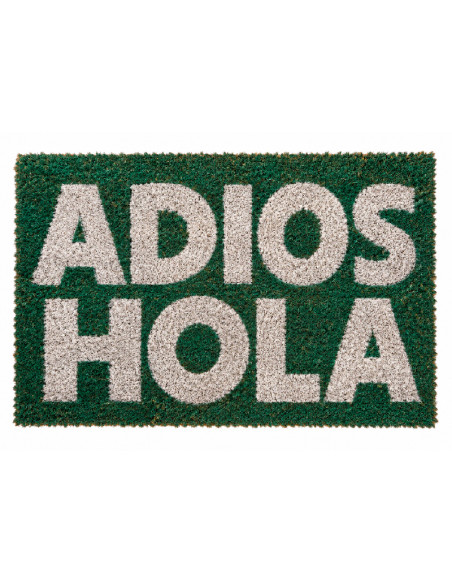 Felpudo de coco con diseño Adiós Hola en color verde.