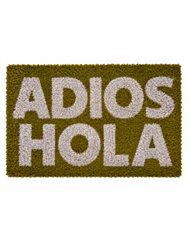 Felpudo de coco con diseño Adiós Hola en color amarillo mostaza.