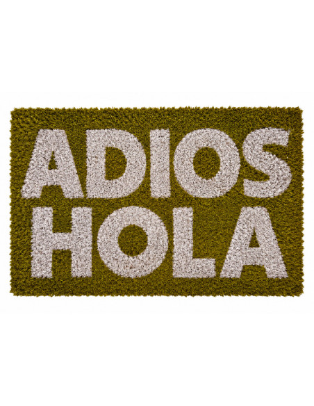 Felpudo de coco con diseño Adiós Hola en color amarillo mostaza.