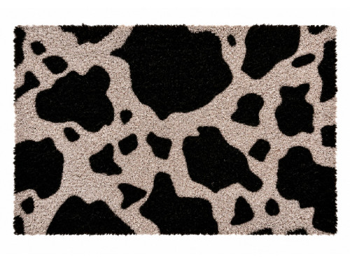 Felpudo de fibra de coco natural con estampado de manchas negras de vaca sobre base antideslizante de PVC