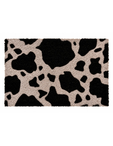 Felpudo de fibra de coco natural con estampado de manchas negras de vaca sobre base antideslizante de PVC