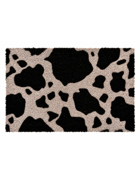 Felpudo de fibra de coco natural con estampado de manchas negras de vaca sobre base antideslizante de PVC