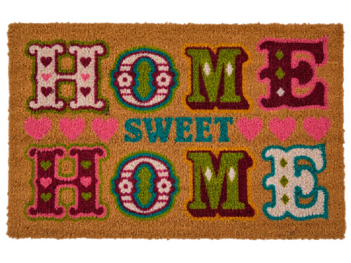 Felpudo de coco Home Sweet Home con letras decorativas multicolor.