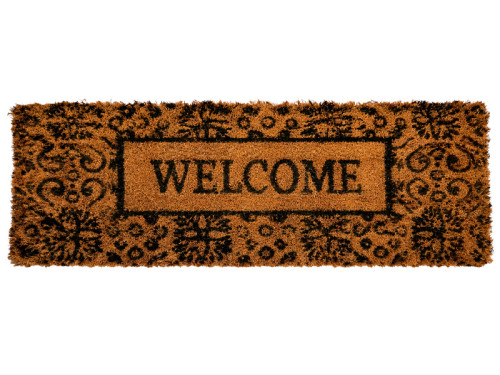 Felpudo estrecho de coco con texto Welcome y marco ornamental negro.