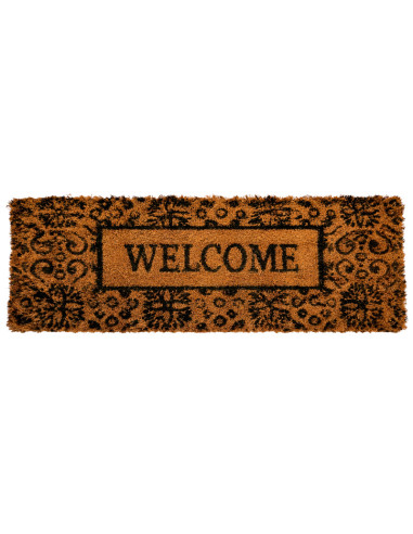 Felpudo estrecho de coco con texto Welcome y marco ornamental negro.