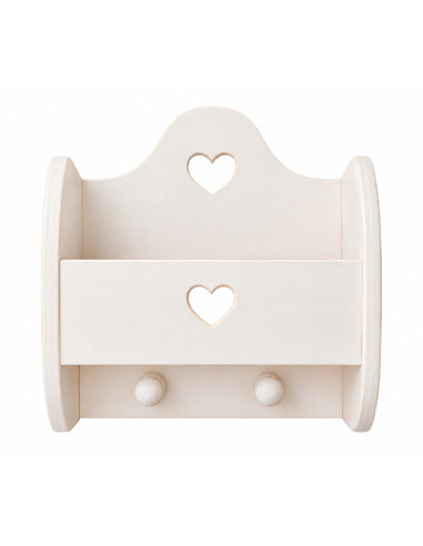Cuelgallaves portacartas DIY de madera con corazones calados y dos ganchos.
