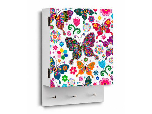 Guardallaves de MDF con diseño de mariposas multicolor y tres colgadores.