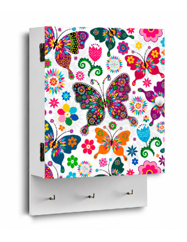 Guardallaves de MDF con diseño de mariposas multicolor y tres colgadores.