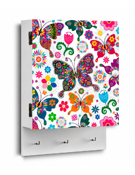 Guardallaves de MDF con diseño de mariposas multicolor y tres colgadores.