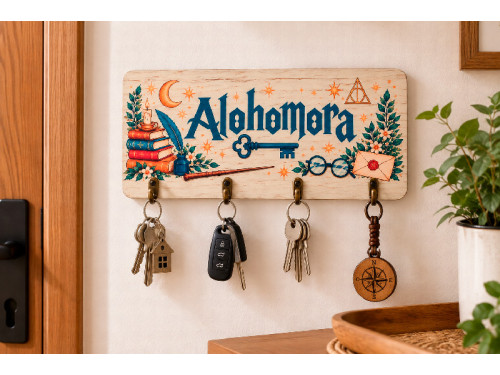 Cuelgallaves de madera con diseño Alohomora y cuatro colgadores. 2