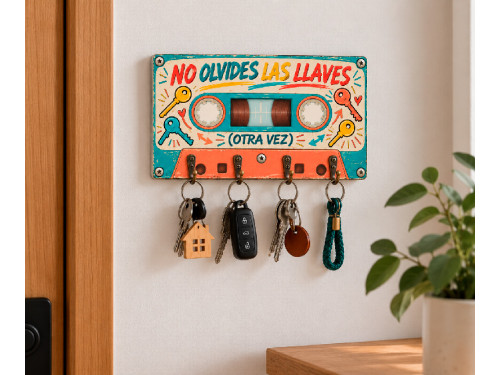 Colgador de llaves de MDF con diseño de cassette retro multicolor. 2