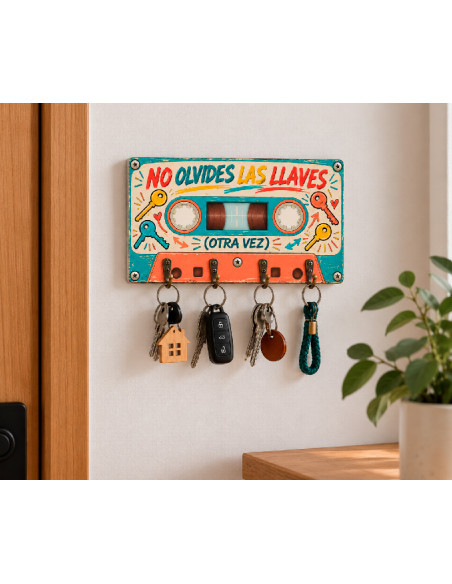 Colgador de llaves de MDF con diseño de cassette retro multicolor en la entrada de casa.