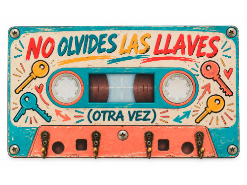 Colgador de llaves de MDF con diseño de cassette retro multicolor.