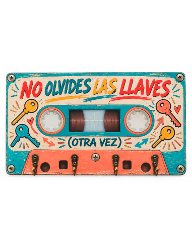 Colgador de llaves de MDF con diseño de cassette retro multicolor.