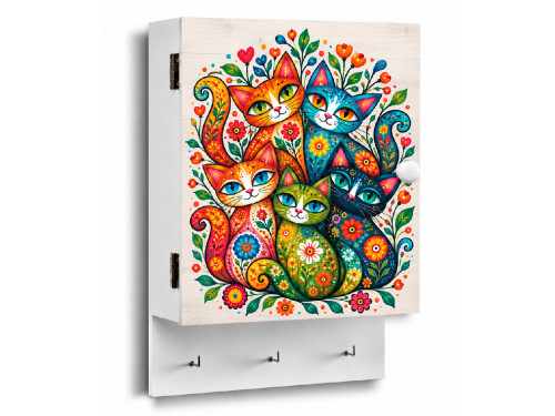 Guardallaves de MDF con diseño de gatos multicolor y colgadores interiores y exteriores.