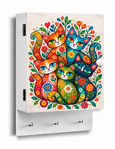Guardallaves de MDF con diseño de gatos multicolor y colgadores interiores y exteriores.