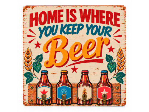 Colgador de llaves de MDF con diseño Home is where you keep your beer y cinco ganchos metálicos.