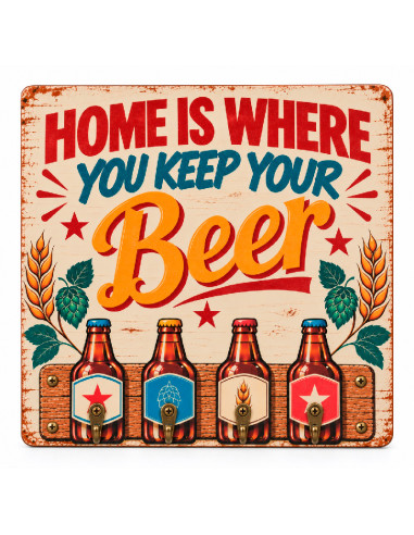 Colgador de llaves de MDF con diseño Home is where you keep your beer y cinco ganchos metálicos.