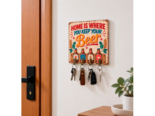 Colgador de llaves de MDF con diseño Home is where you keep your beer y cinco ganchos metálicos. 2