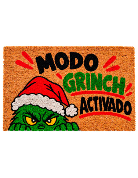 Felpudo navideño de coco con frase Modo Grinch Activado.